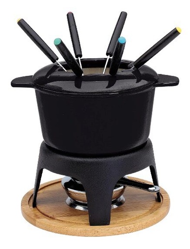 [57657829] BAUMALU ZWARTE GIETIJZEREN FONDUE MET HOUTEN PLANK 17CM - 6ST