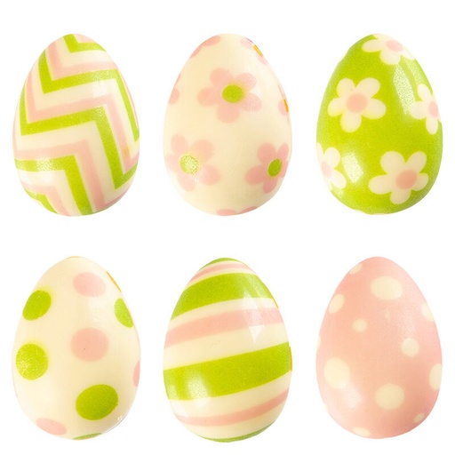[08053912] 2069103 3D EGGS PATTERNED GREEN/PINK ASSORTED 38X24MM 5 WHITE CHOCOLATE ASSORTED 96 PCES
