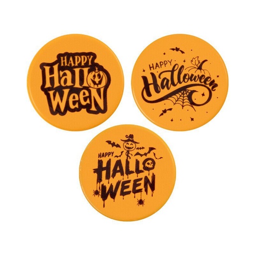 [08082240] 2091170 PLAQUETTE RONDE HAPPY HALLOWEEN ORANGE 5CM 75 PCES