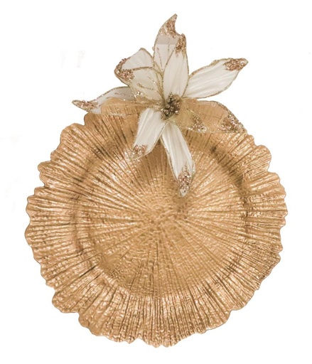 [62200012] +ASSIETTE FLEUR LAQUE OR D/33CM EN MATIERE SYNTHETIQUE