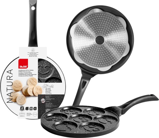 [55023331] IBILI NATURA POELE 26CM-7 MINI CREPES 8CM DIVERS DECORS ANTI-AD. PIERRE TOUS FEUX