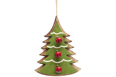 [62220061] PETIT SAPIN VERT EN BOIS+CLOCHETTE ROUGES H/11.5CM