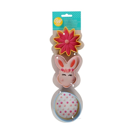 [08054605] WILTON SET VAN 3 KOEKJES UITSTEKERBLOEM/KONIJNEN HOOFD/EI