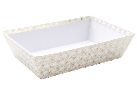 [62230153] RECHTHOEKIGE KARTONNEN MAND WIT GOUD ART DECO 28X19XH7CM