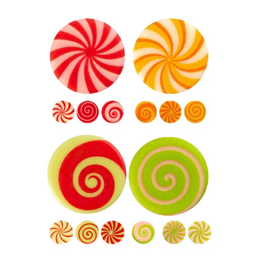 [08053877] 2052211 COLOURED SPIRAL LOLLIPOP PATTERN PLAQUE 3CM 16 CHOCOLATE ASSORTMENT 175 PCES ***ON ORDER***
