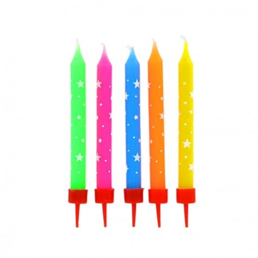 [08075596] BOUGIES MULTICOLORE MOTIF ETOILES + BOBECHES10 BOUGIES